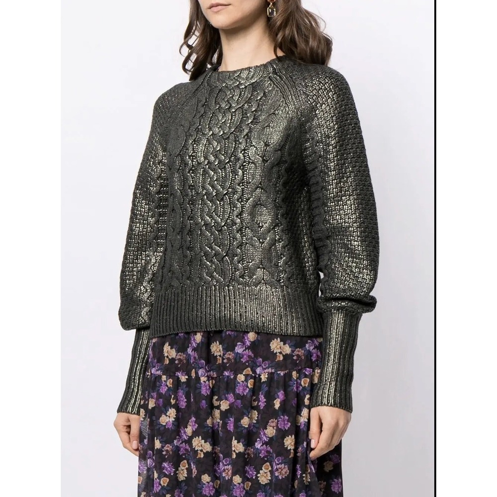 Veronica Beard Yola Metallic Cable Knit Sweater Merino Cashmere Gunmetal Small